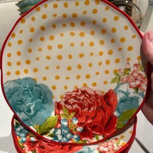 Pioneer Woman Blossom Jubilee Salad Plates Floral Red Yellow Dotts 8-3/4"Set NWT